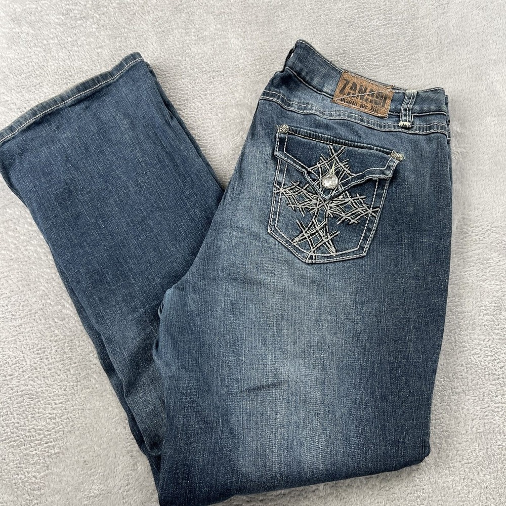 Zanadi Rhinestone Cross Flap Pocket Bootcut Jeans 18W Blue Women Y2K Western